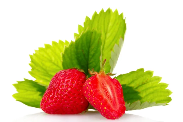 Strawberry with green leaves isolated on white — Stock Photo, Image
