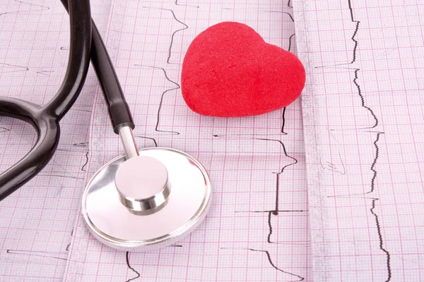 Stetoskop på EKG och rött hjärta — Stockfoto