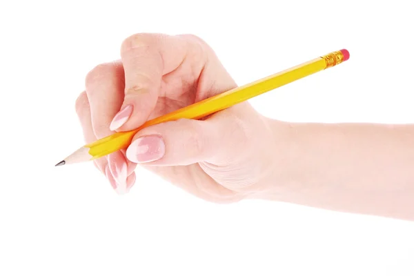 女人手写作黄色木铅笔 — 图库照片