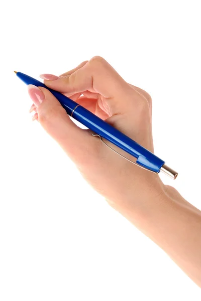 Blå penna i kvinna hand isolerad på vit — Stockfoto