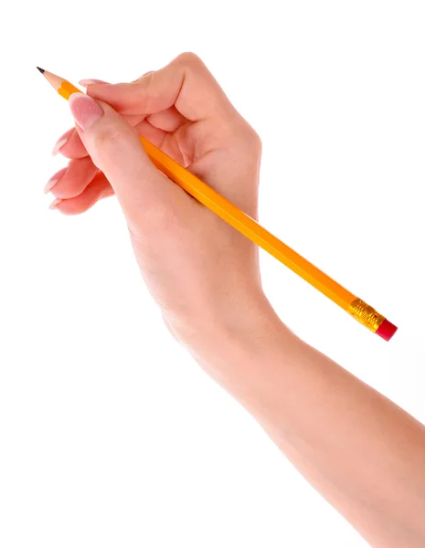 用铅笔在手上孤立的白 — 图库照片