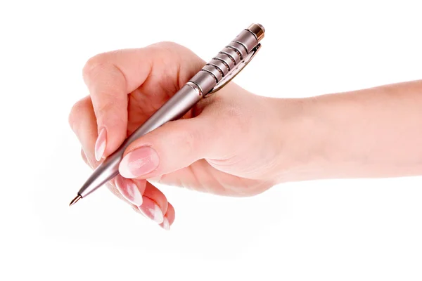 Metalen pen in vrouw hand geïsoleerd op wit — Stockfoto