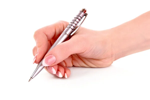 Metallic pen in woman hand isolated on white — Stock Photo, Image