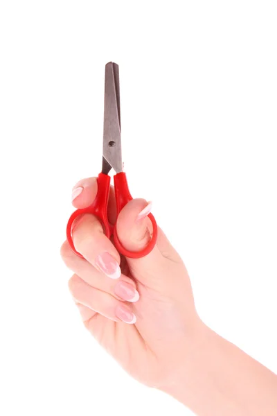 Scissors in hand isolated on white — Stock Photo, Image