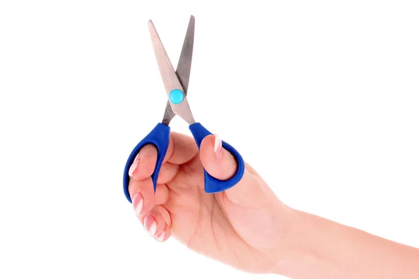 Scissors in hand isolated on white — Stock Photo, Image