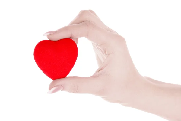 Rode hart in de hand geïsoleerd op wit — Stockfoto