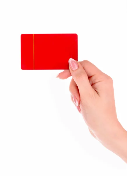 Hand and red card isolated on white — Zdjęcie stockowe