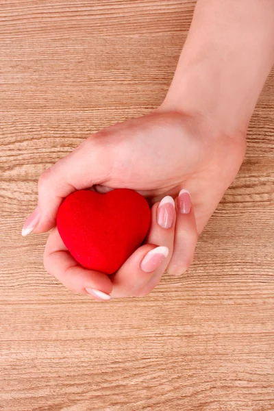 Piros szív, kezében a fa háttér — Stock Fotó