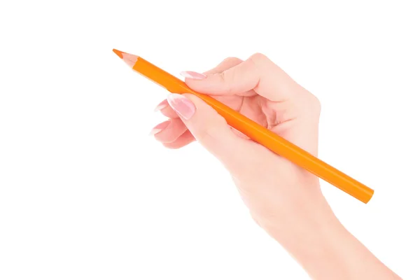 Frauenhand mit Bleistift isoliert auf weiß — Stockfoto