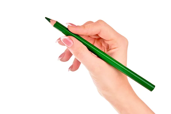 Mão mulher com lápis isolado no branco — Fotografia de Stock