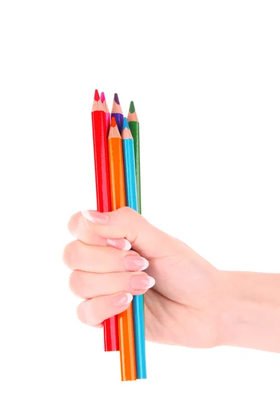 白で隔離される色の鉛筆と手します。 — ストック写真