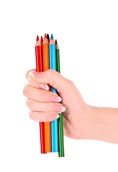 Mão com lápis de cor isolados em branco — Fotografia de Stock