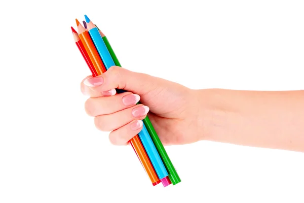 Χέρι με μολύβια χρώματος που απομονώνονται σε λευκό — Φωτογραφία Αρχείου