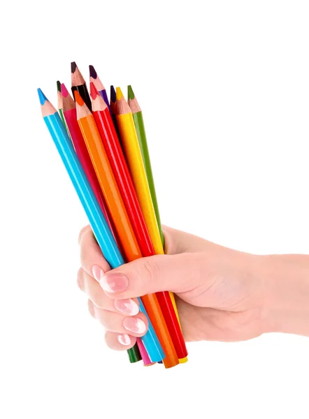Hand met kleur potloden geïsoleerd op wit — Stockfoto