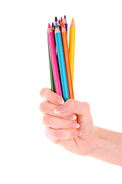 Рука з кольоровими олівцями ізольовані на білому — стокове фото