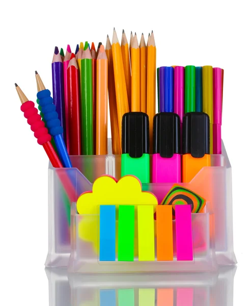 Canetas, lápis e marcadores brilhantes no suporte — Fotografia de Stock