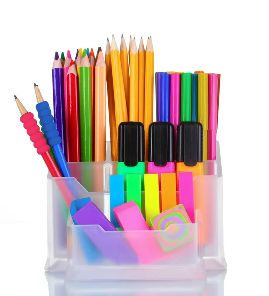 Bright pens, pencils and erasers in holder — Stock Photo, Image