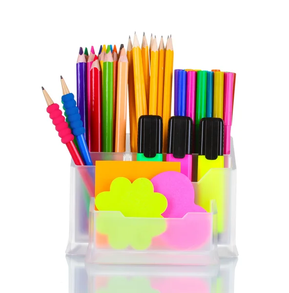 Bolígrafos, lápices y gomas de borrar brillantes en el soporte —  Fotos de Stock