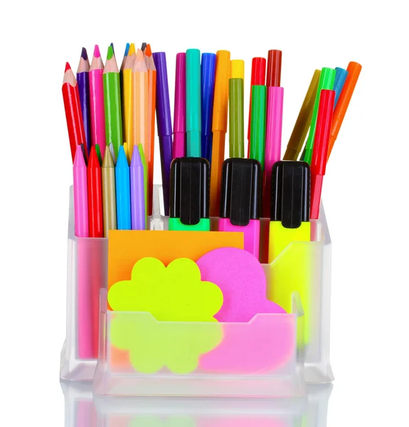 Fényes tollak, ceruzák és törlők tartóban — Stock Fotó