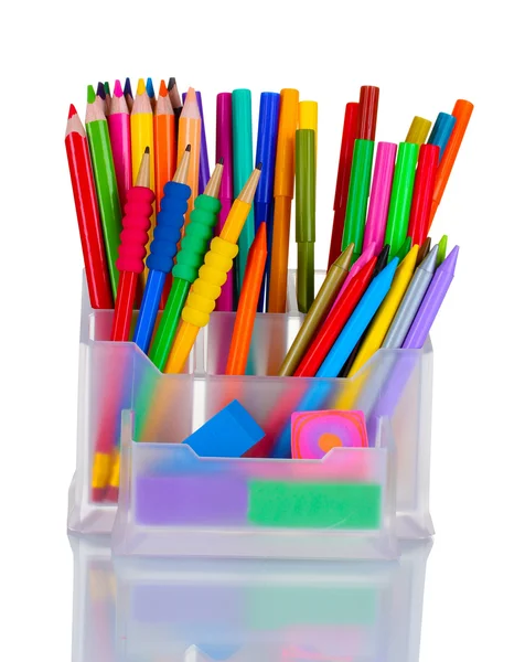 Яркие ручки, карандаши и ластики в держателе — стоковое фото