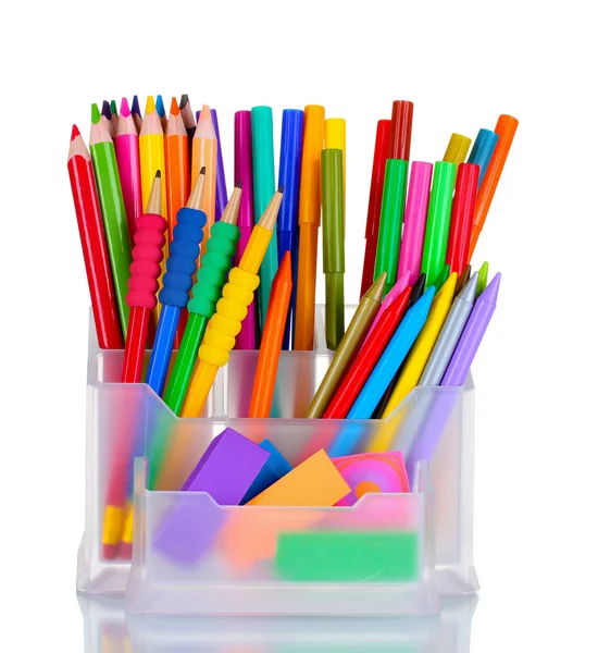 Heldere pennen, potloden en gummen in houder — Stockfoto