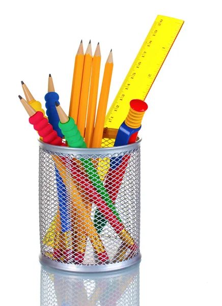 Bright pencils, pen and ruler in holder — Stock Photo, Image
