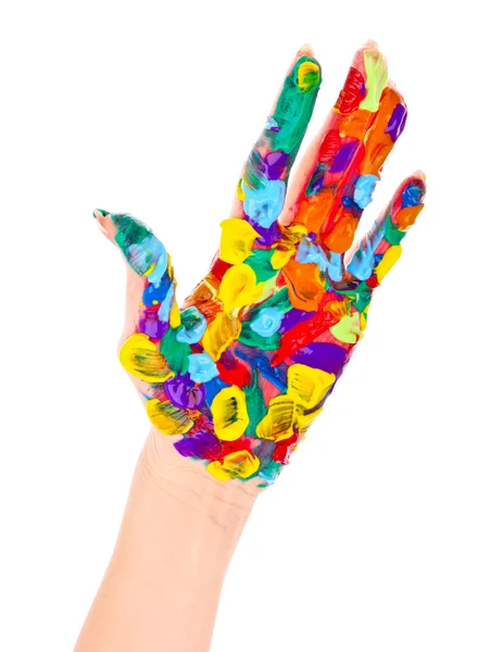 Painted woman hand in colorful paints isolated on white — Stock Photo, Image