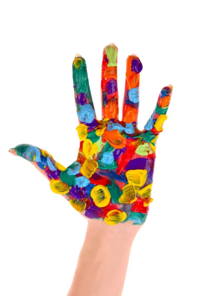 Painted woman hand in colorful paints isolated on white — Stock Photo, Image