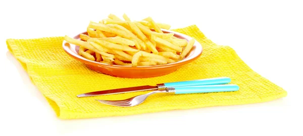Franse frietjes op een bord en bestek geïsoleerd op wit — Stockfoto