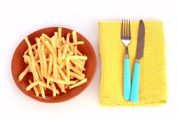 Franse frietjes en bestek geïsoleerd op wit — Stockfoto