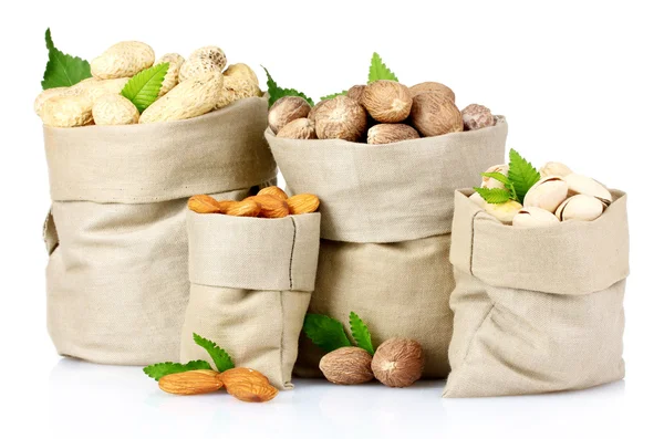Variety of nuts in bags — Stock Photo, Image