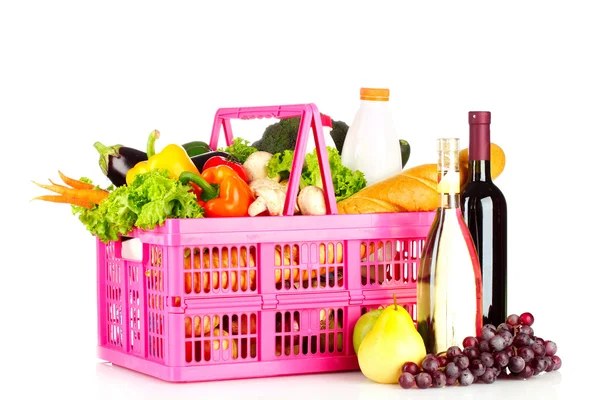 Zelenina a víno v košíku — Stock fotografie