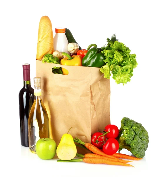 Papieren zak met groenten en levensmiddelen — Stockfoto
