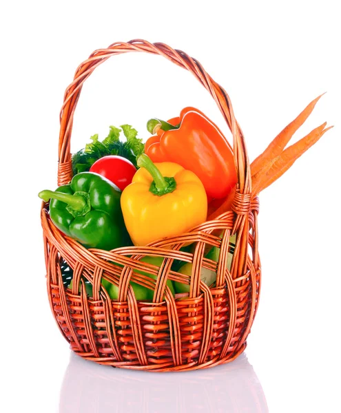 A set of vegetables in wricker basket isolated on white — Stock Photo, Image