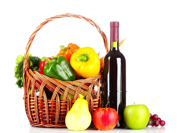Vegetables and wine in a basket — Stock Photo, Image