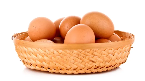 Яйца в корзине изолированы на белом — стоковое фото