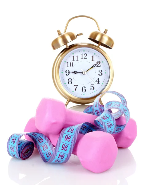 Old alarm-clock, dumbbells and measure tape — Stock Photo, Image
