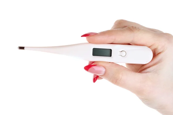 Thermometer in hand geïsoleerd op wit — Stockfoto