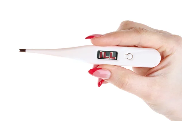 Thermometer in hand with "ILL" message isolated on white — Stock Photo, Image