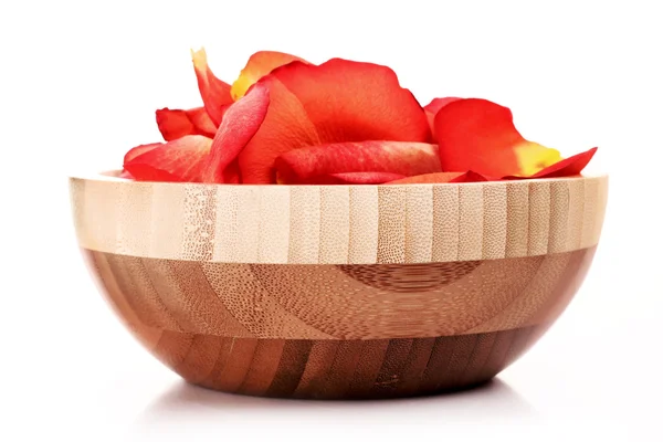 Rose petals in bowl isolated on white — Stock Photo, Image