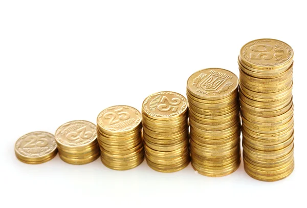 Golden coins isolated on white. Ukrainian coins — Stock Photo, Image