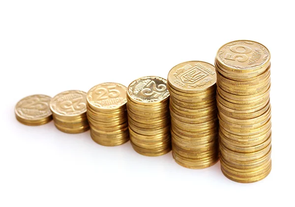 Gouden munten geïsoleerd op wit. Oekraïense munten — Stockfoto