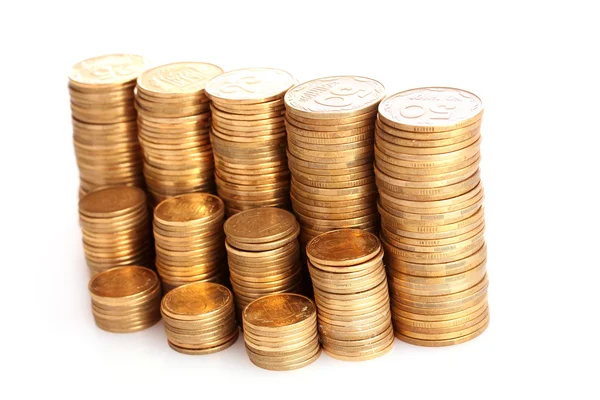 Many coins in column isolated on white — Stock Photo, Image