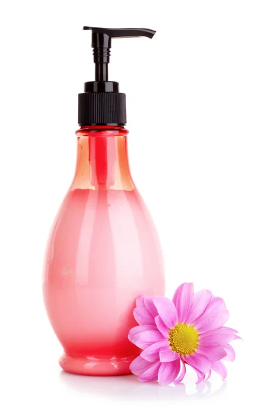 Flor e sabão líquido isolado em branco — Fotografia de Stock