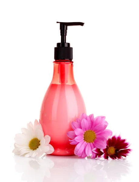 Çiçek ve üzerinde beyaz izole sıvı sabun — Stok fotoğraf