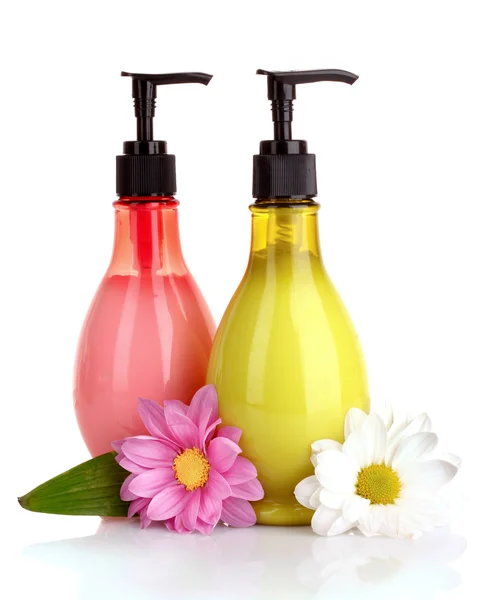 Flower and liquid soap isolated on white — Stock Photo, Image