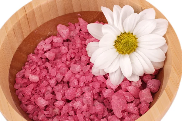 Květina a koupelová sůl na bílém pozadí — Stock fotografie