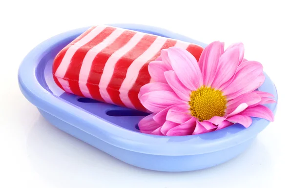 肥皂、 花卉和肥皂盒上白色隔离 — 图库照片