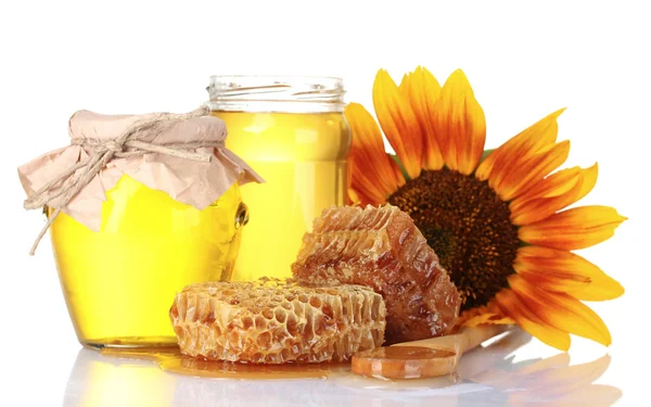 Bellissimi pettini, miele, cucchiaio e girasole — Foto Stock