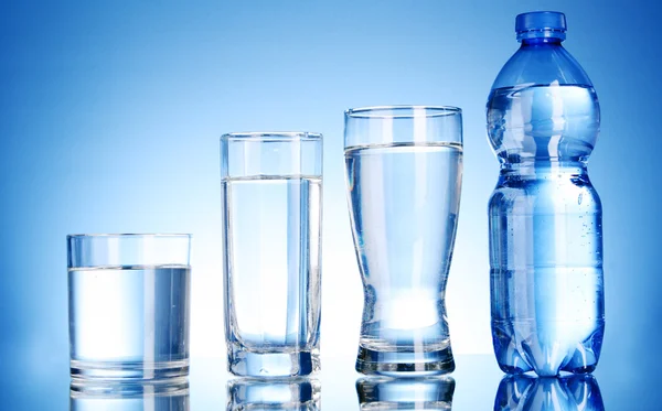 瓶水和蓝色背景上的玻璃 — 图库照片